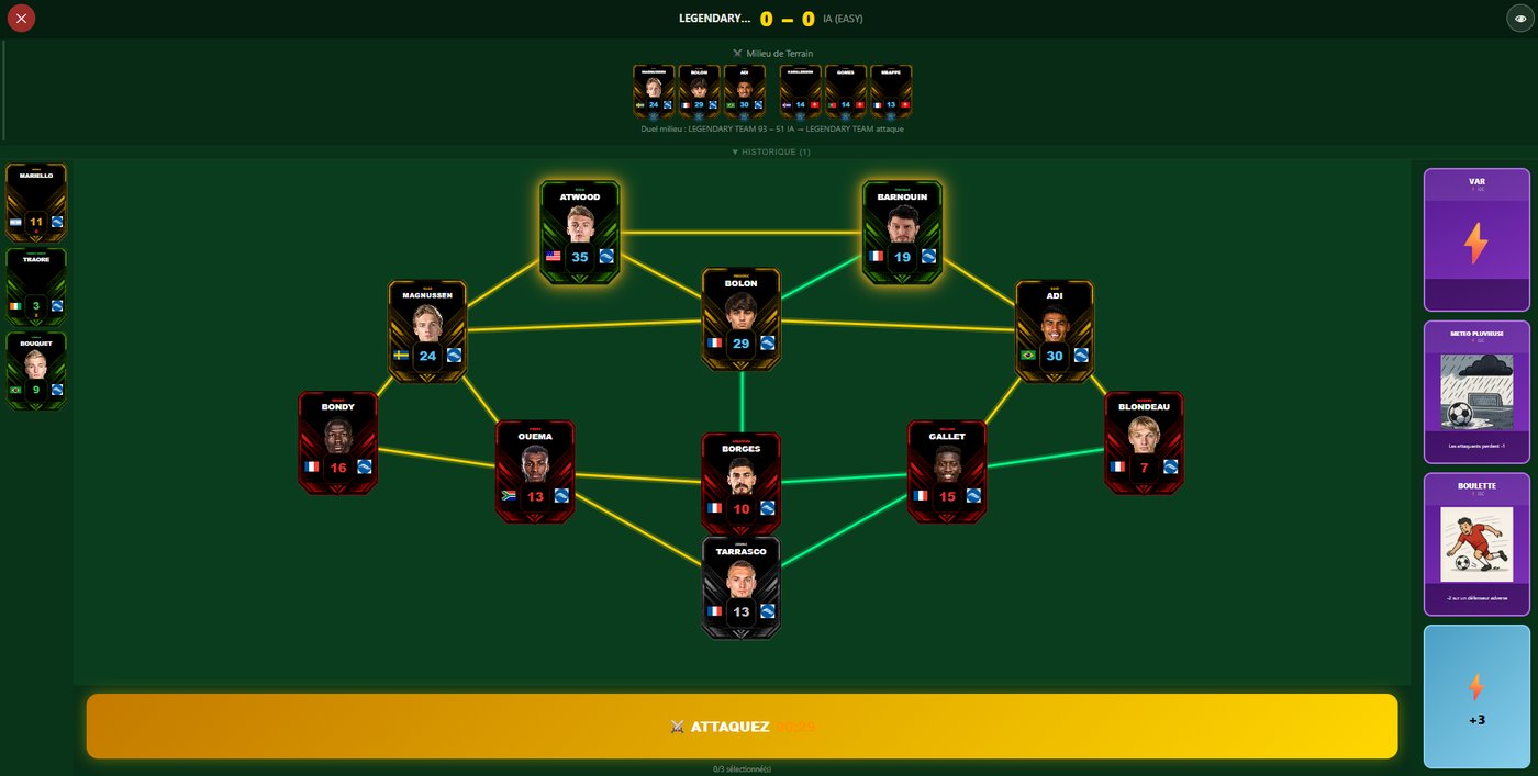 Écran de match Manager Wars montrant une formation en grille avec liens de club et de pays